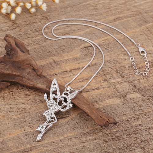 My Shape Tinkerbell Fairy Angel Jewelry Clear Rhinestone Necklace Crystal Wings Silver Plated Pendant for Teen Girls And Women