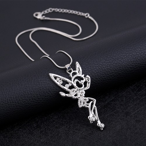 My Shape Tinkerbell Fairy Angel Jewelry Clear Rhinestone Necklace Crystal Wings Silver Plated Pendant for Teen Girls And Women